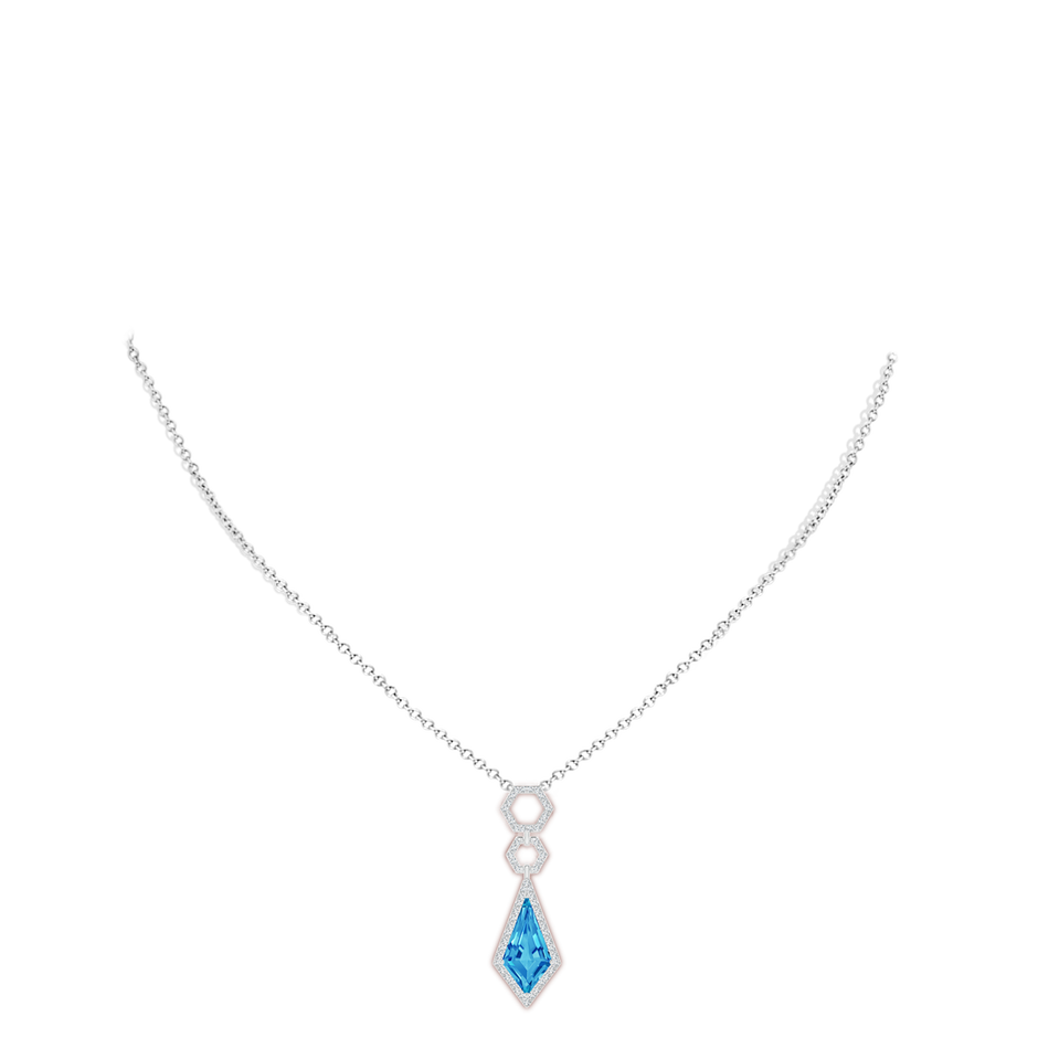 15x8mm AAAA Kite-Shaped Swiss Blue Topaz Hexagonal Frame Halo Pendant in White Gold body-neck