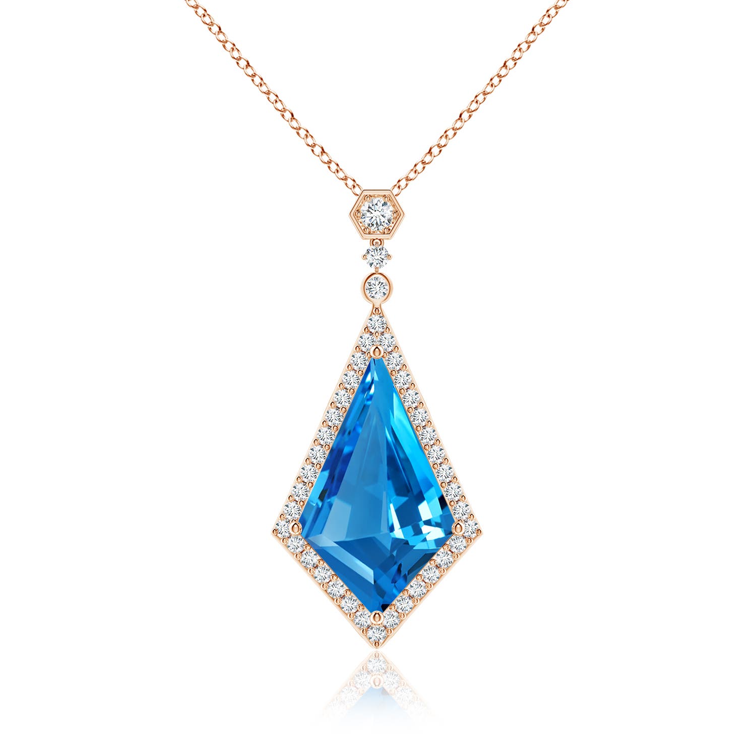 22.19x13.94x7.07mm AAAA GIA Certified Moroccan Style Kite-Shaped Swiss Blue Topaz Pendant in 18CT Rose Gold