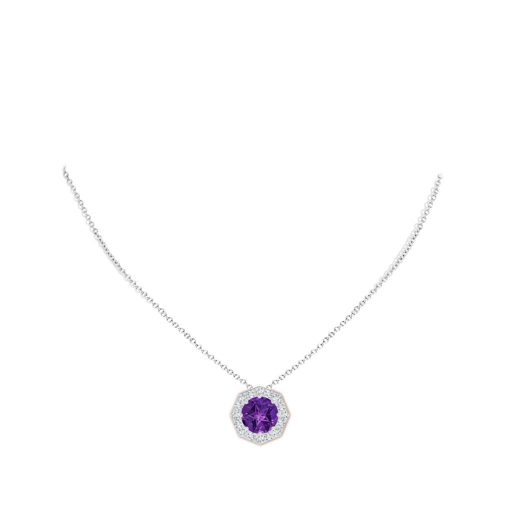 11mm AAAA Round Amethyst Pendant with Octagonal Halo in White Gold Body-Neck