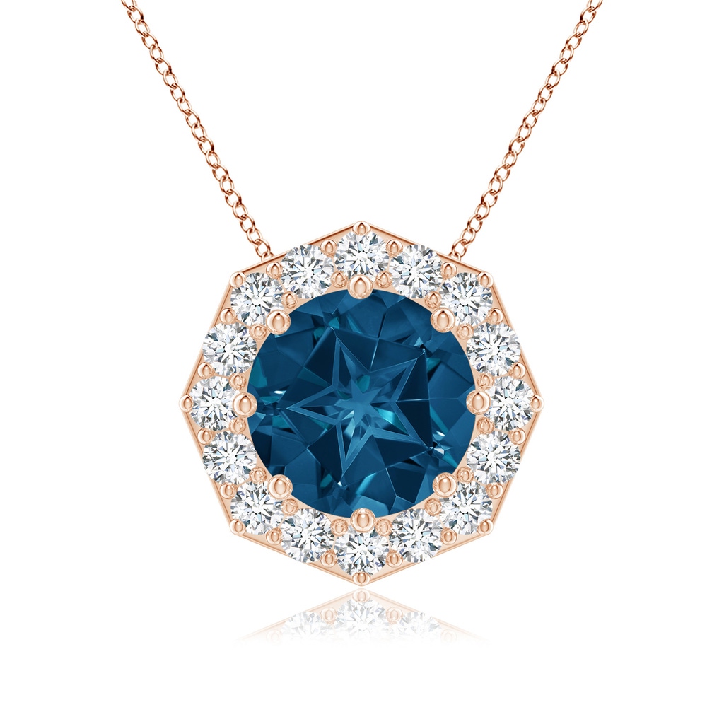 11mm AAAA Round London Blue Topaz Pendant with Octagonal Halo in Rose Gold