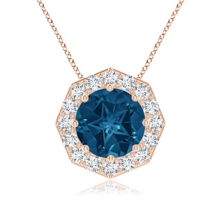 11mm AAAA Round London Blue Topaz Pendant with Octagonal Halo in Rose Gold