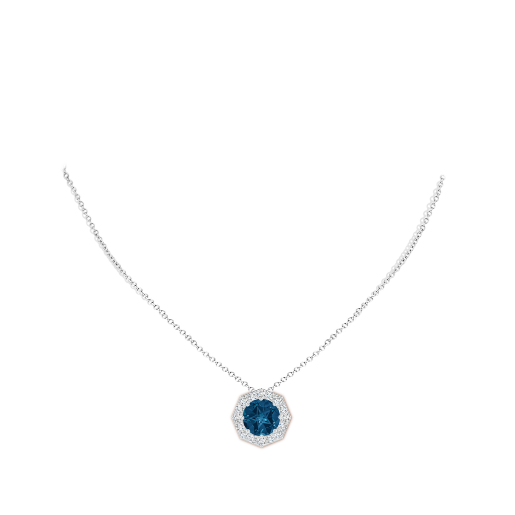 11mm AAAA Round London Blue Topaz Pendant with Octagonal Halo in White Gold Body-Neck