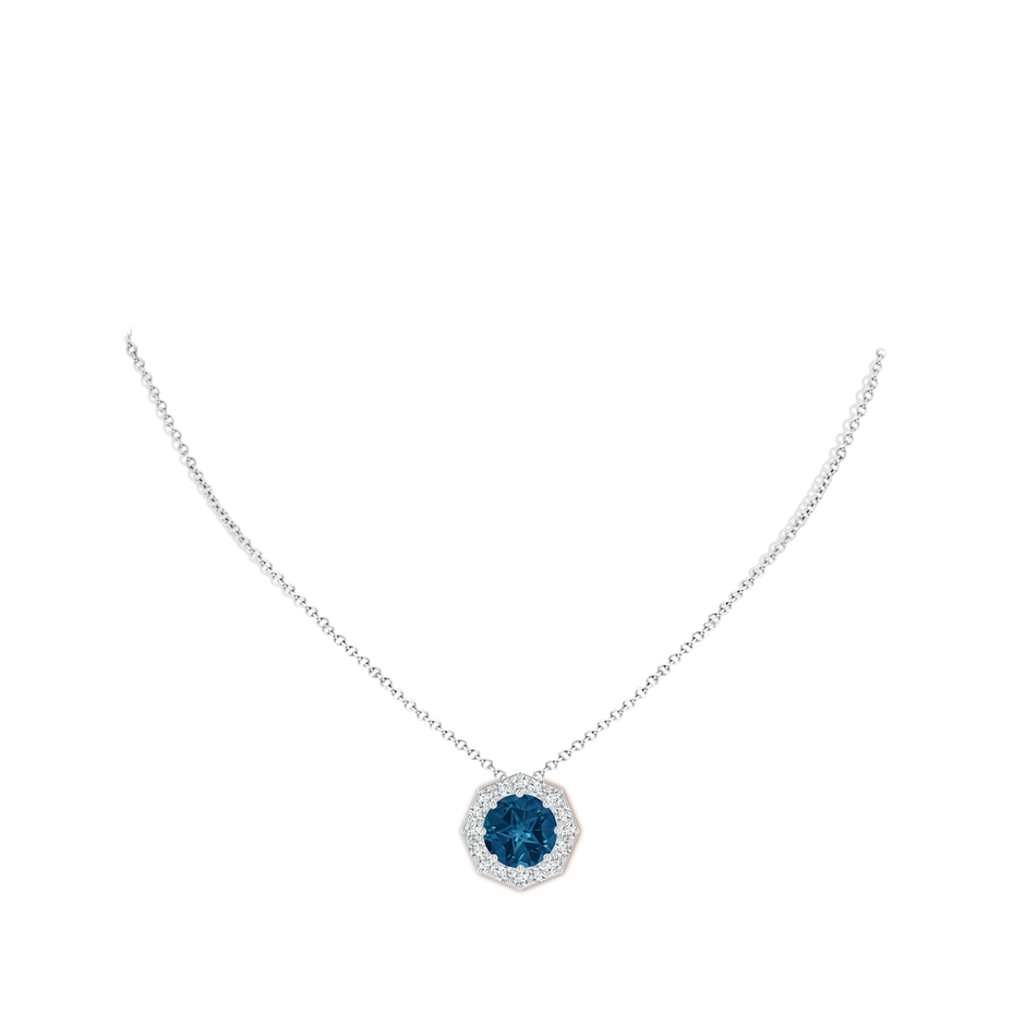 11mm AAAA Round London Blue Topaz Pendant with Octagonal Halo in White Gold body-neck