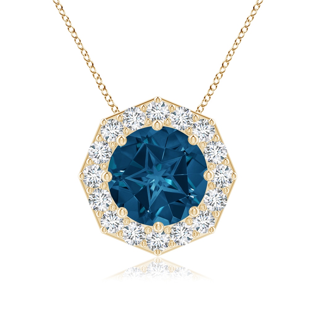 11mm AAAA Round London Blue Topaz Pendant with Octagonal Halo in Yellow Gold