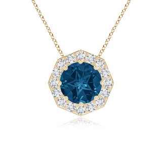 9mm AAAA Round London Blue Topaz Pendant with Octagonal Halo in Yellow Gold