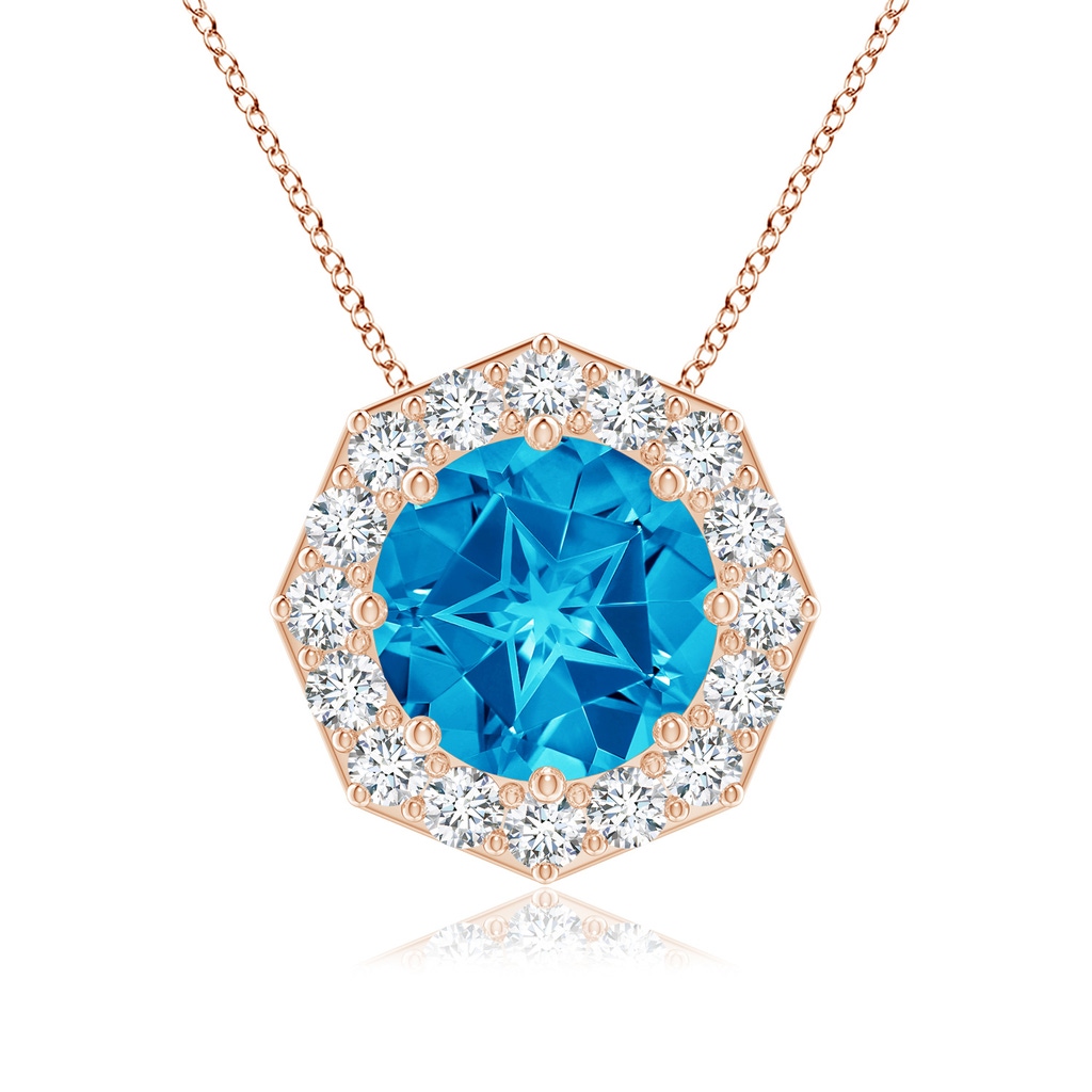 11mm AAAA Round Swiss Blue Topaz Pendant with Octagonal Halo in Rose Gold