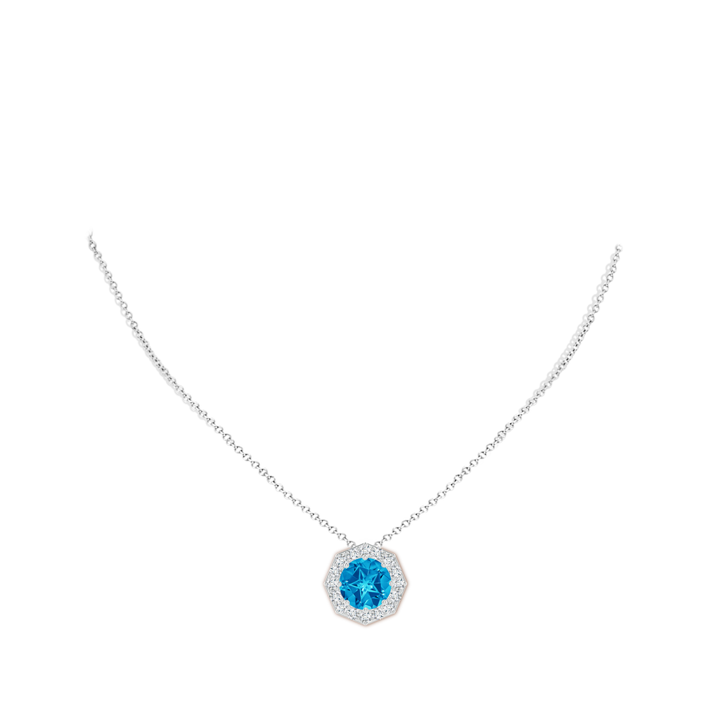 11mm AAAA Round Swiss Blue Topaz Pendant with Octagonal Halo in White Gold Body-Neck