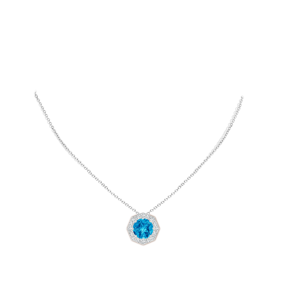 11mm AAAA Round Swiss Blue Topaz Pendant with Octagonal Halo in White Gold body-neck