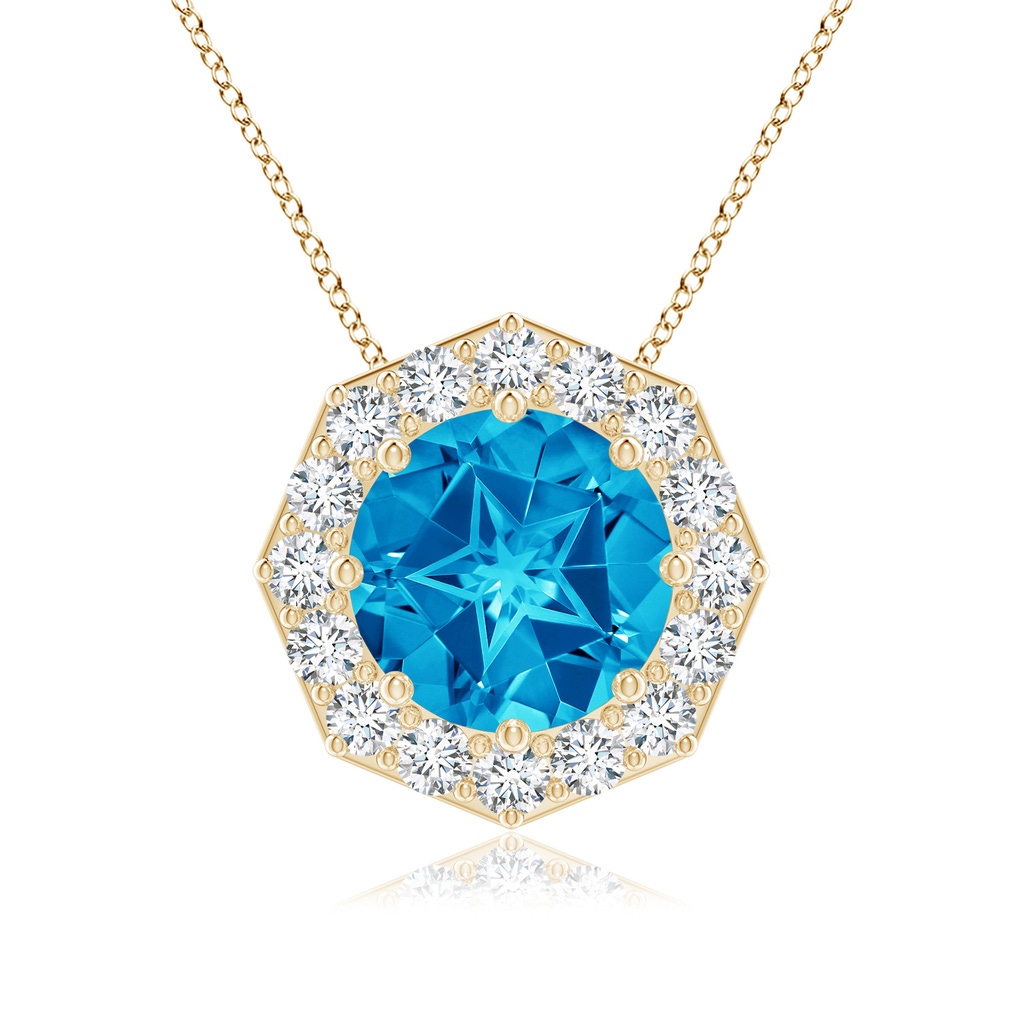 11mm AAAA Round Swiss Blue Topaz Pendant with Octagonal Halo in Yellow Gold