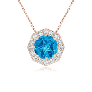 9mm AAAA Round Swiss Blue Topaz Pendant with Octagonal Halo in Rose Gold