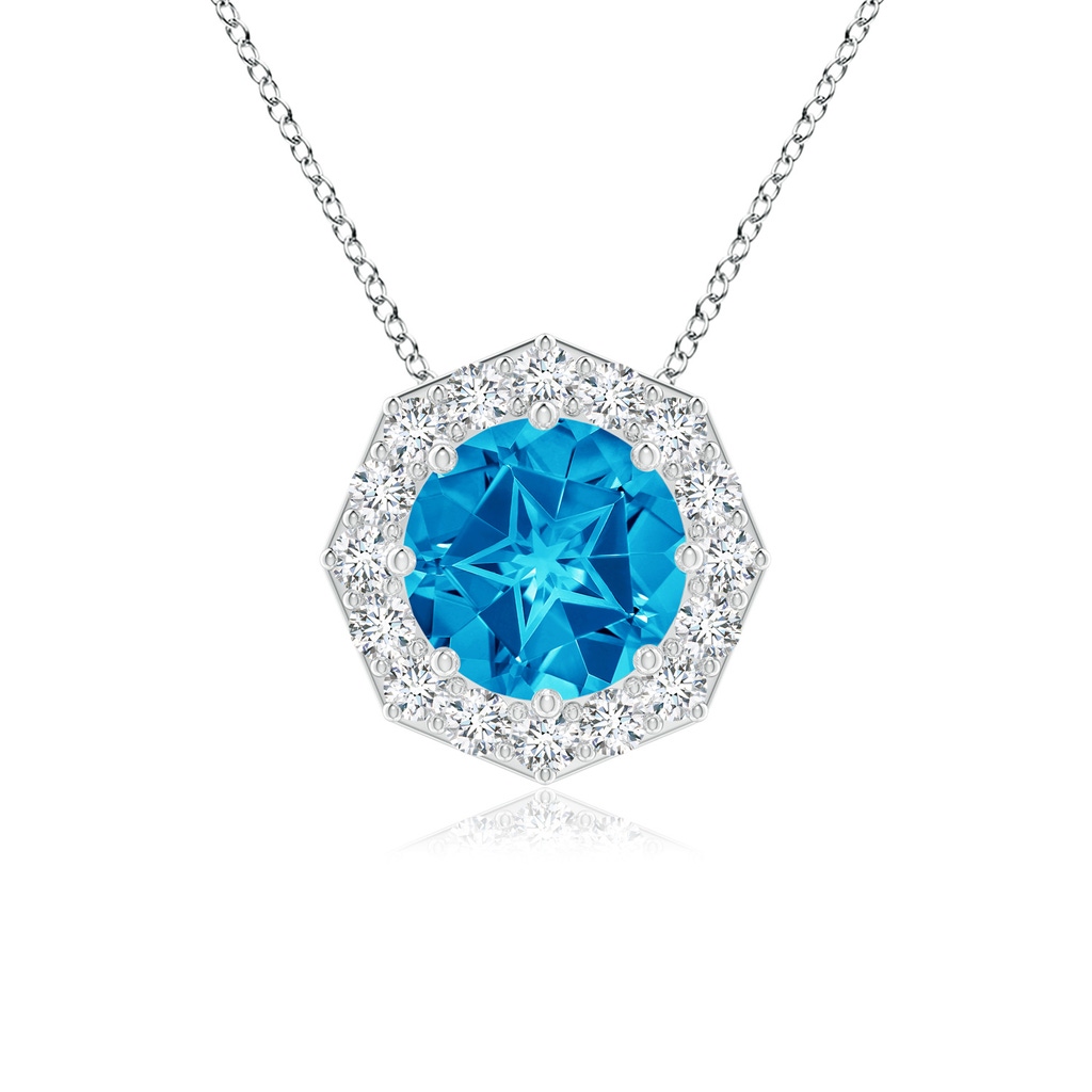 9mm AAAA Round Swiss Blue Topaz Pendant with Octagonal Halo in White Gold