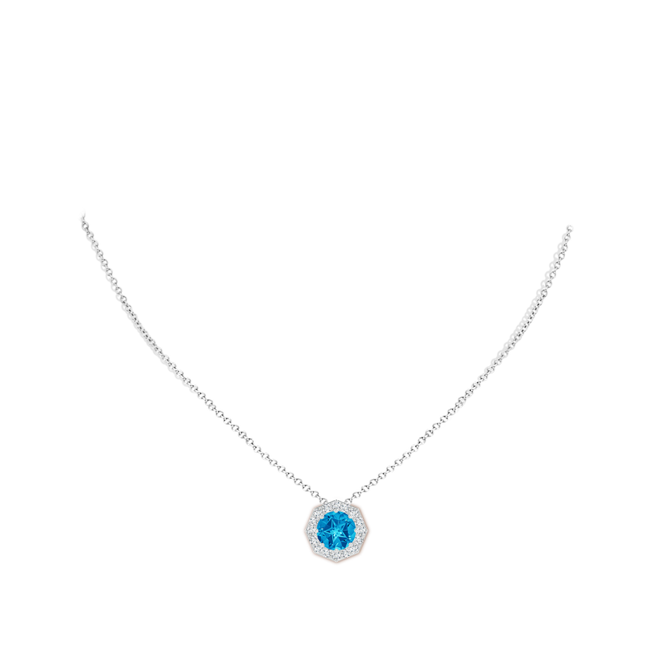 9mm AAAA Round Swiss Blue Topaz Pendant with Octagonal Halo in White Gold body-neck