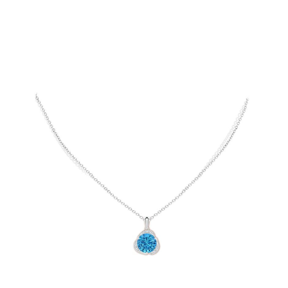 10mm AAAA Round Swiss Blue Topaz Three Petal Flower Pendant in White Gold body-neck