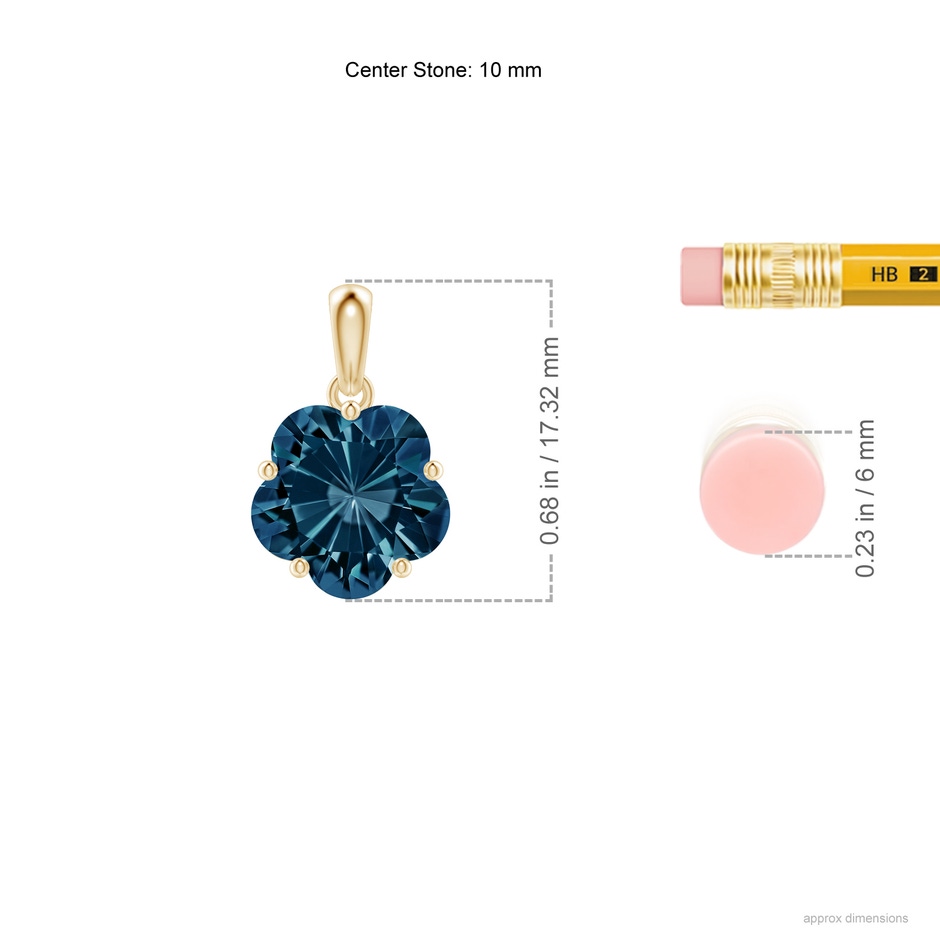 10mm AAAA Solitaire Five-Petal Flower London Blue Topaz Pendant in Yellow Gold ruler