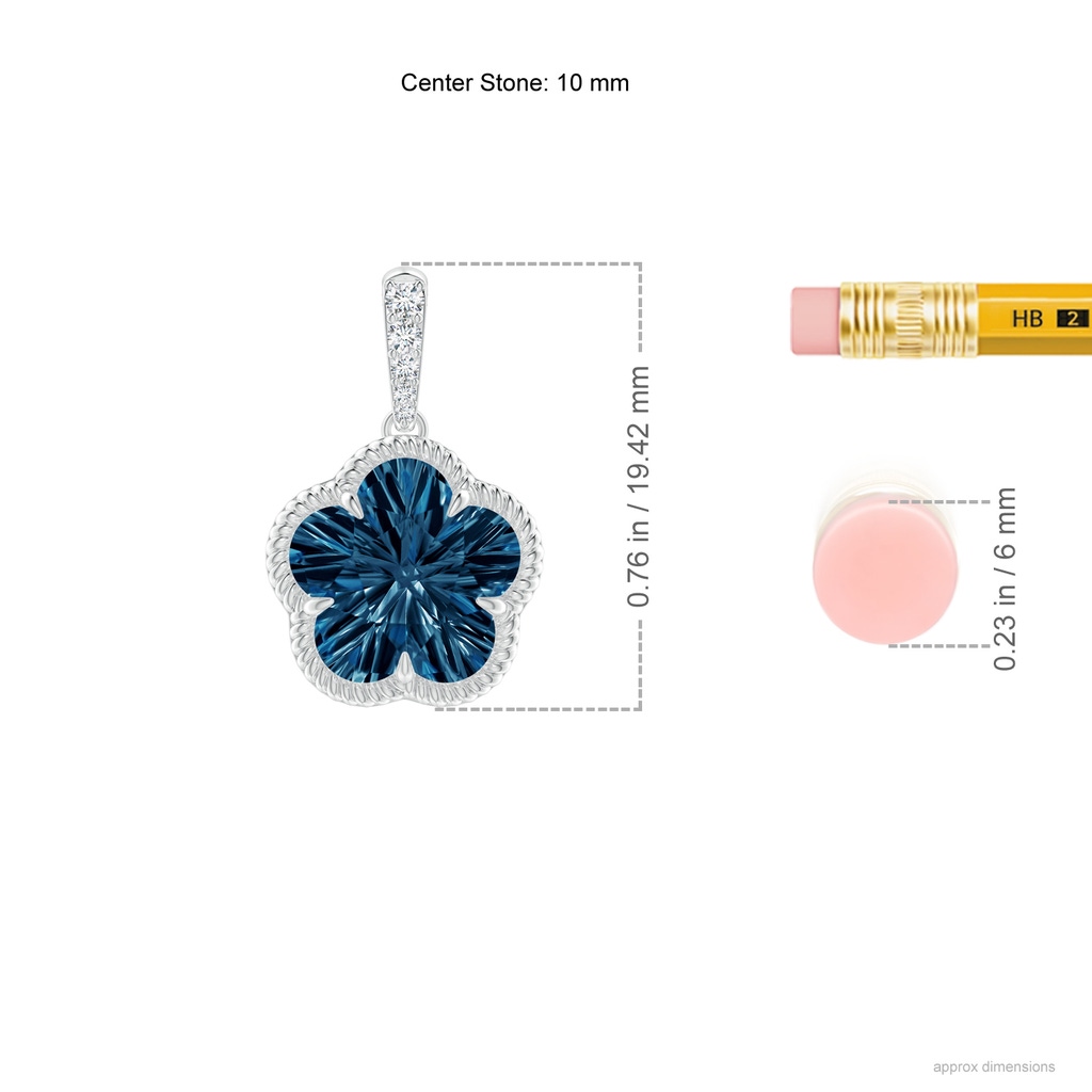 10mm AAAA Five-Petal Flower London Blue Topaz Twisted Wire Halo Pendant in White Gold Ruler