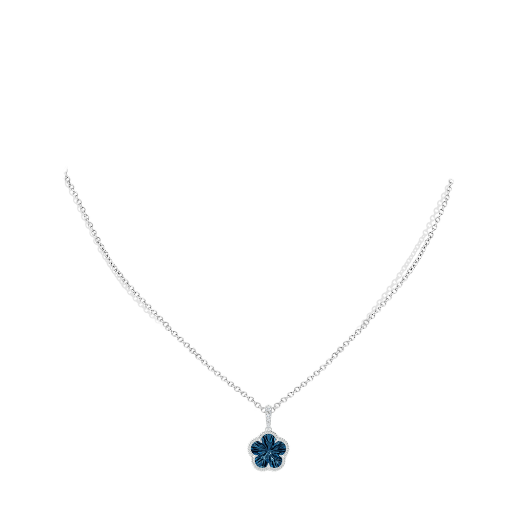 10mm AAAA Five-Petal Flower London Blue Topaz Twisted Wire Halo Pendant in White Gold Body-Neck