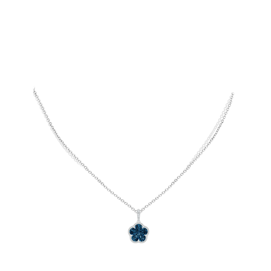 10mm AAAA Five-Petal Flower London Blue Topaz Twisted Wire Halo Pendant in White Gold body-neck