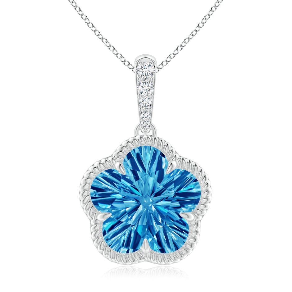 10mm AAAA Five-Petal Flower Swiss Blue Topaz Twisted Wire Halo Pendant in White Gold 