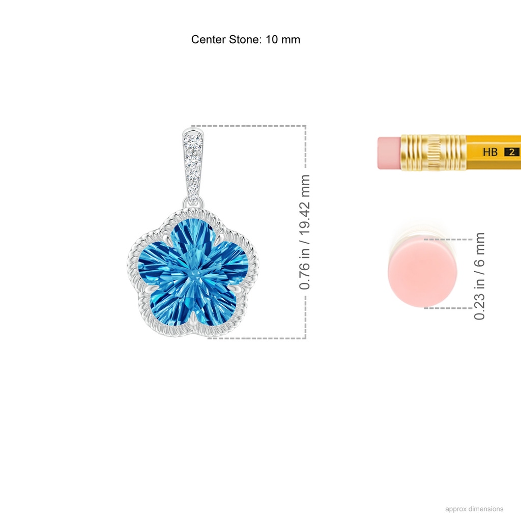 10mm AAAA Five-Petal Flower Swiss Blue Topaz Twisted Wire Halo Pendant in White Gold Ruler