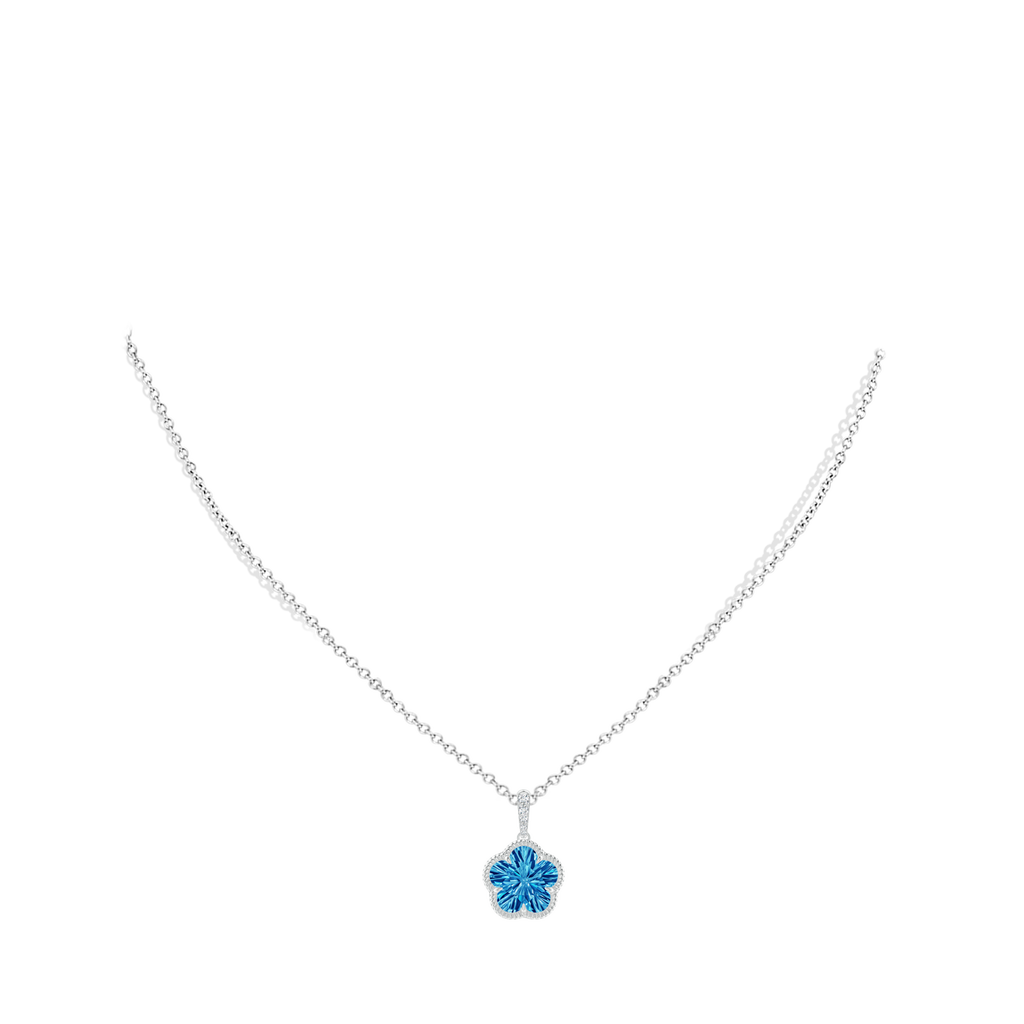 10mm AAAA Five-Petal Flower Swiss Blue Topaz Twisted Wire Halo Pendant in White Gold Body-Neck