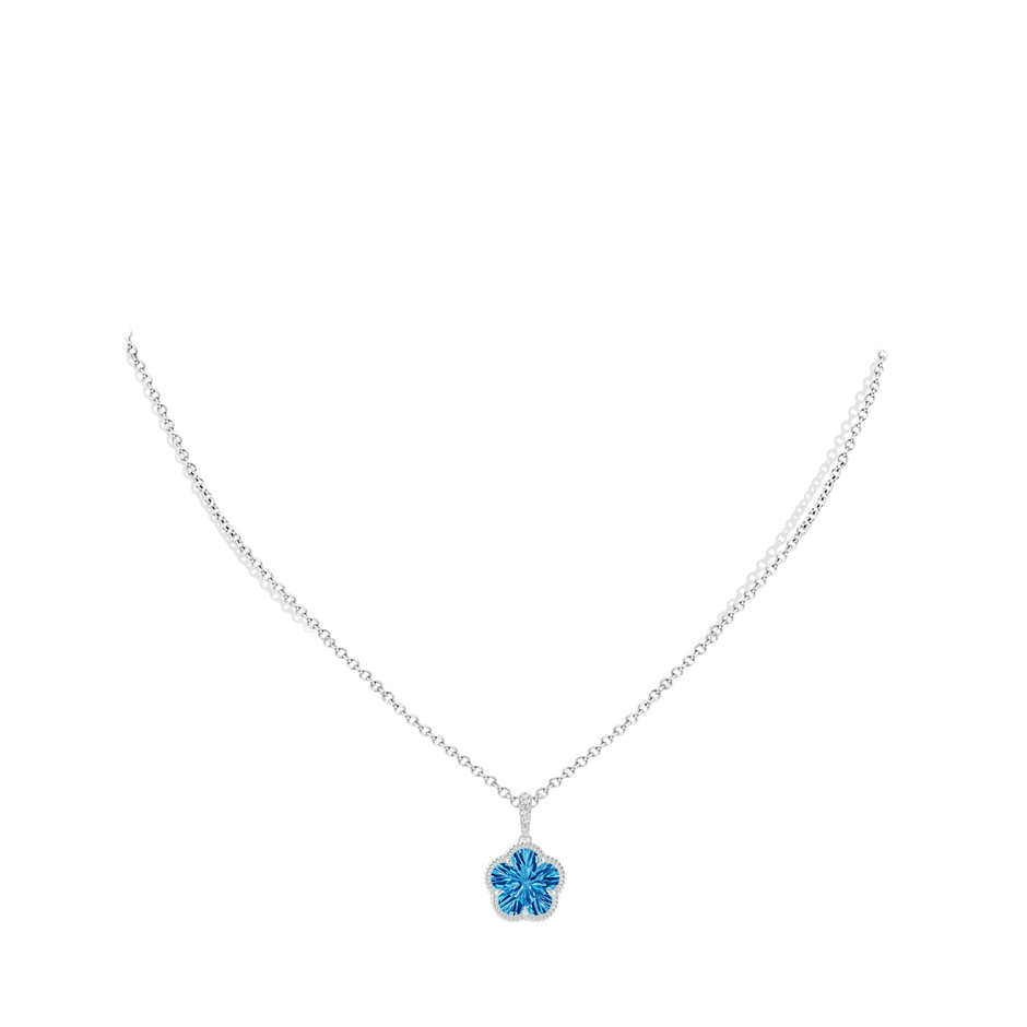 10mm AAAA Five-Petal Flower Swiss Blue Topaz Twisted Wire Halo Pendant in White Gold body-neck