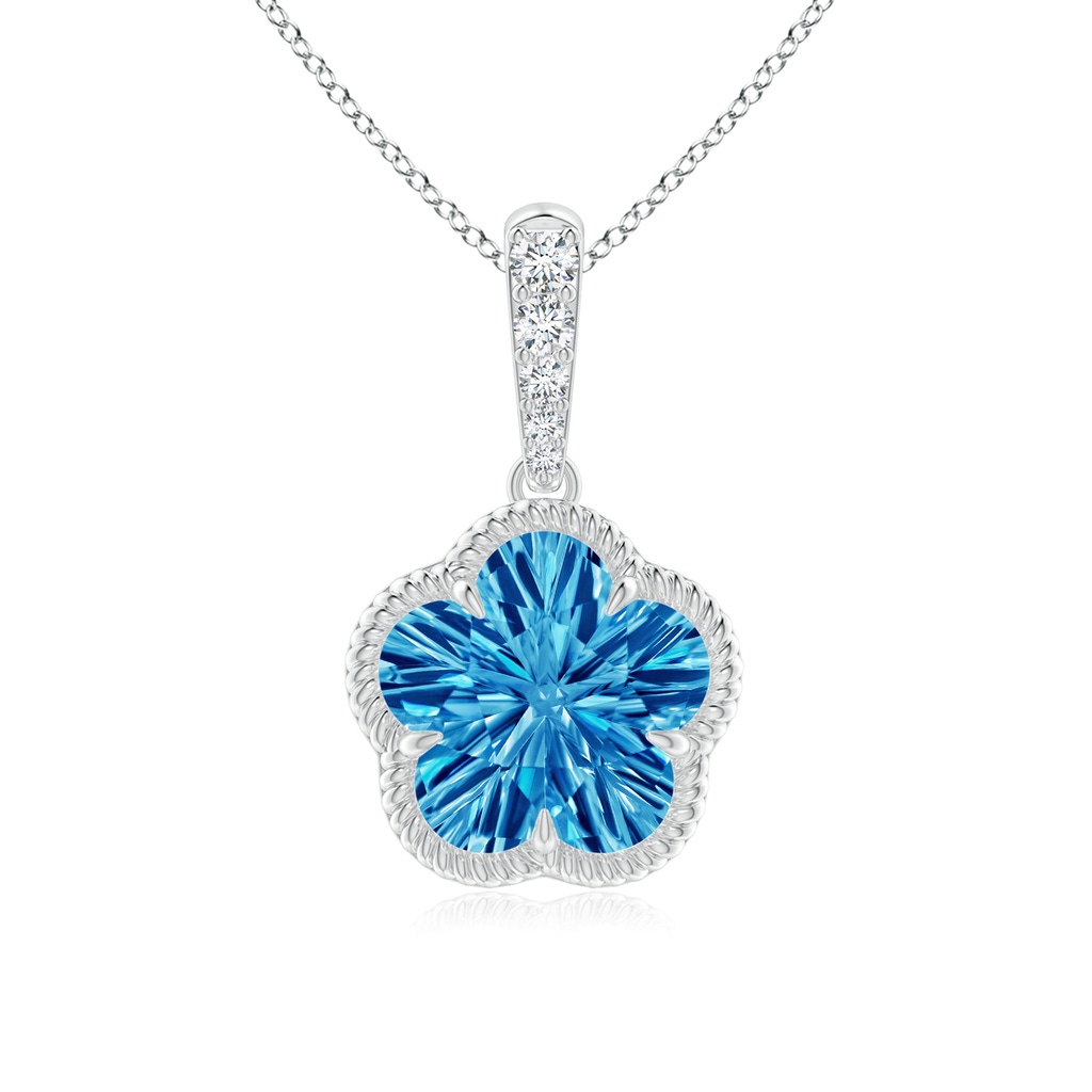 8mm AAAA Five-Petal Flower Swiss Blue Topaz Twisted Wire Halo Pendant in White Gold