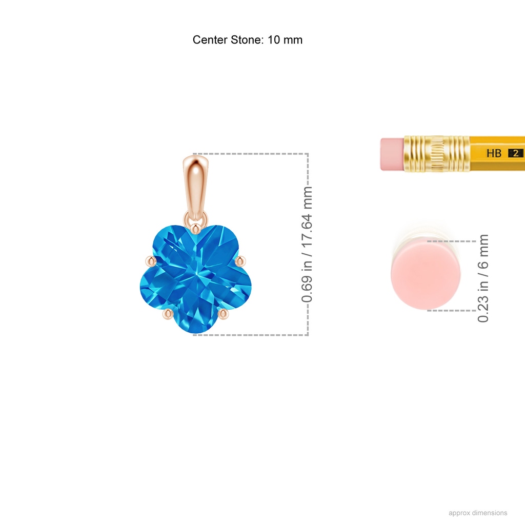 10mm AAAA Classic Five-Petal Flower Swiss Blue Topaz Pendant in Rose Gold Ruler