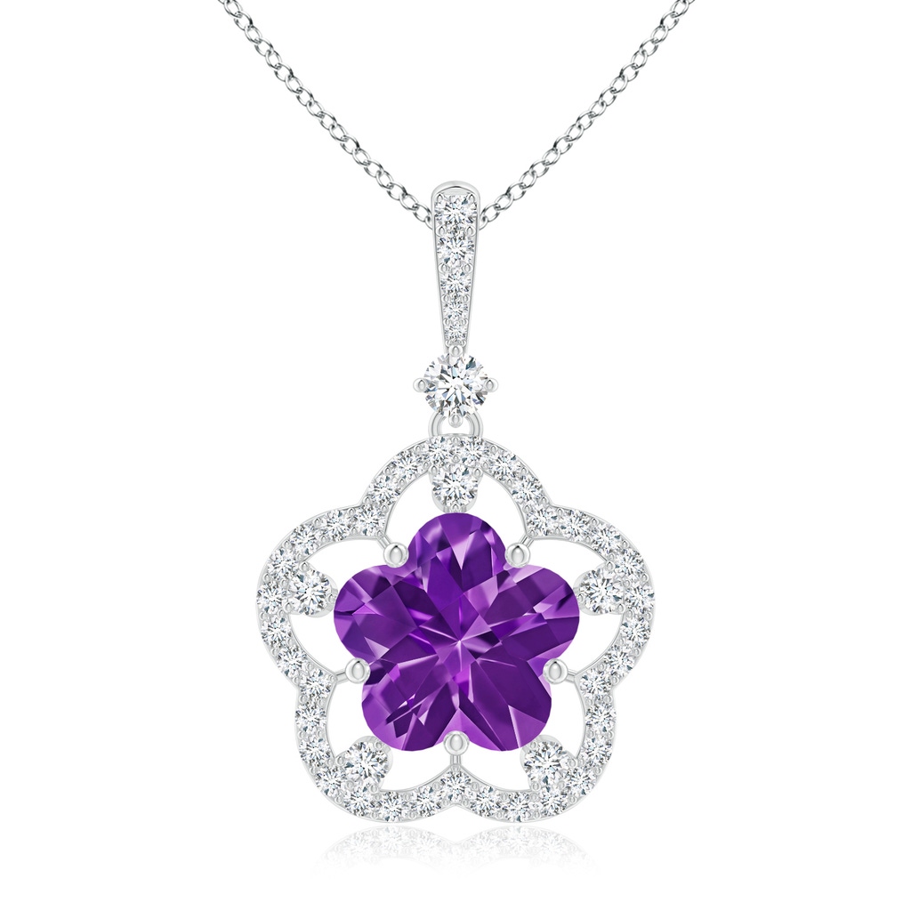 10mm AAAA Five-Petal Flower Amethyst and Diamond Halo Pendant in White Gold