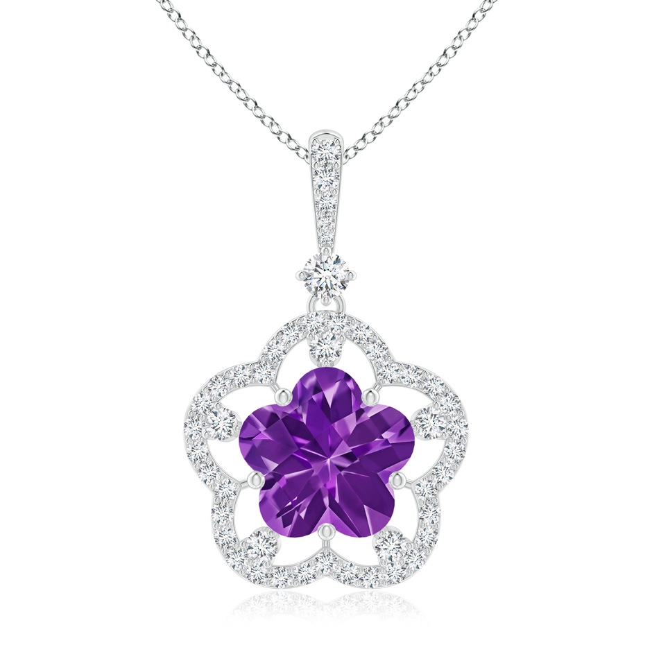 10mm AAAA Five-Petal Flower Amethyst and Diamond Halo Pendant in White Gold 