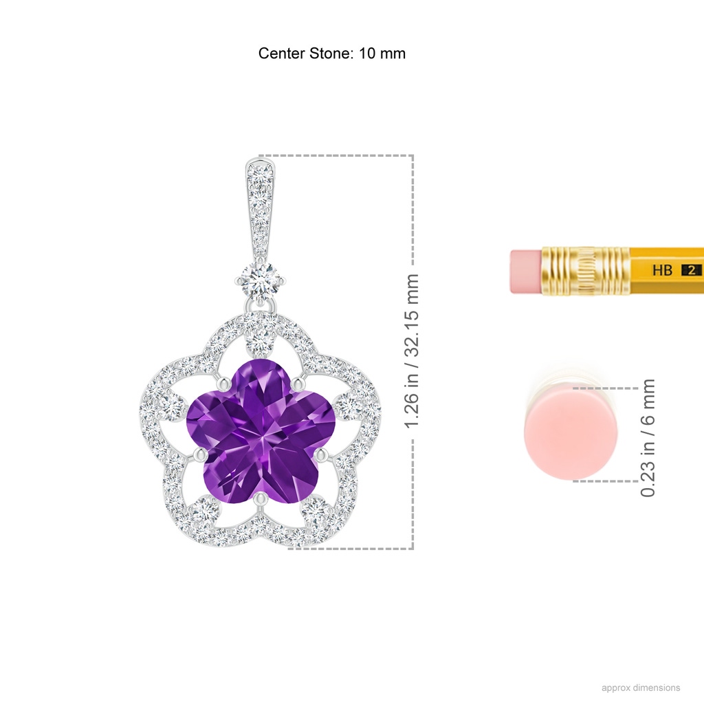 10mm AAAA Five-Petal Flower Amethyst and Diamond Halo Pendant in White Gold Ruler
