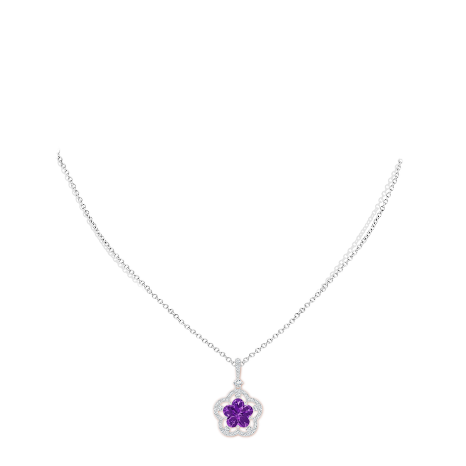 10mm AAAA Five-Petal Flower Amethyst and Diamond Halo Pendant in White Gold body-neck