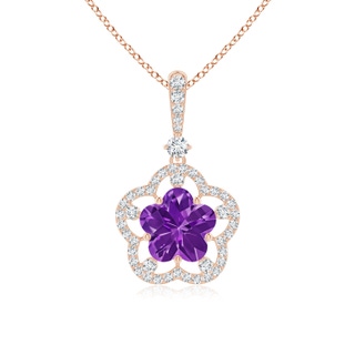 8mm AAAA Five-Petal Flower Amethyst and Diamond Halo Pendant in 9K Rose Gold