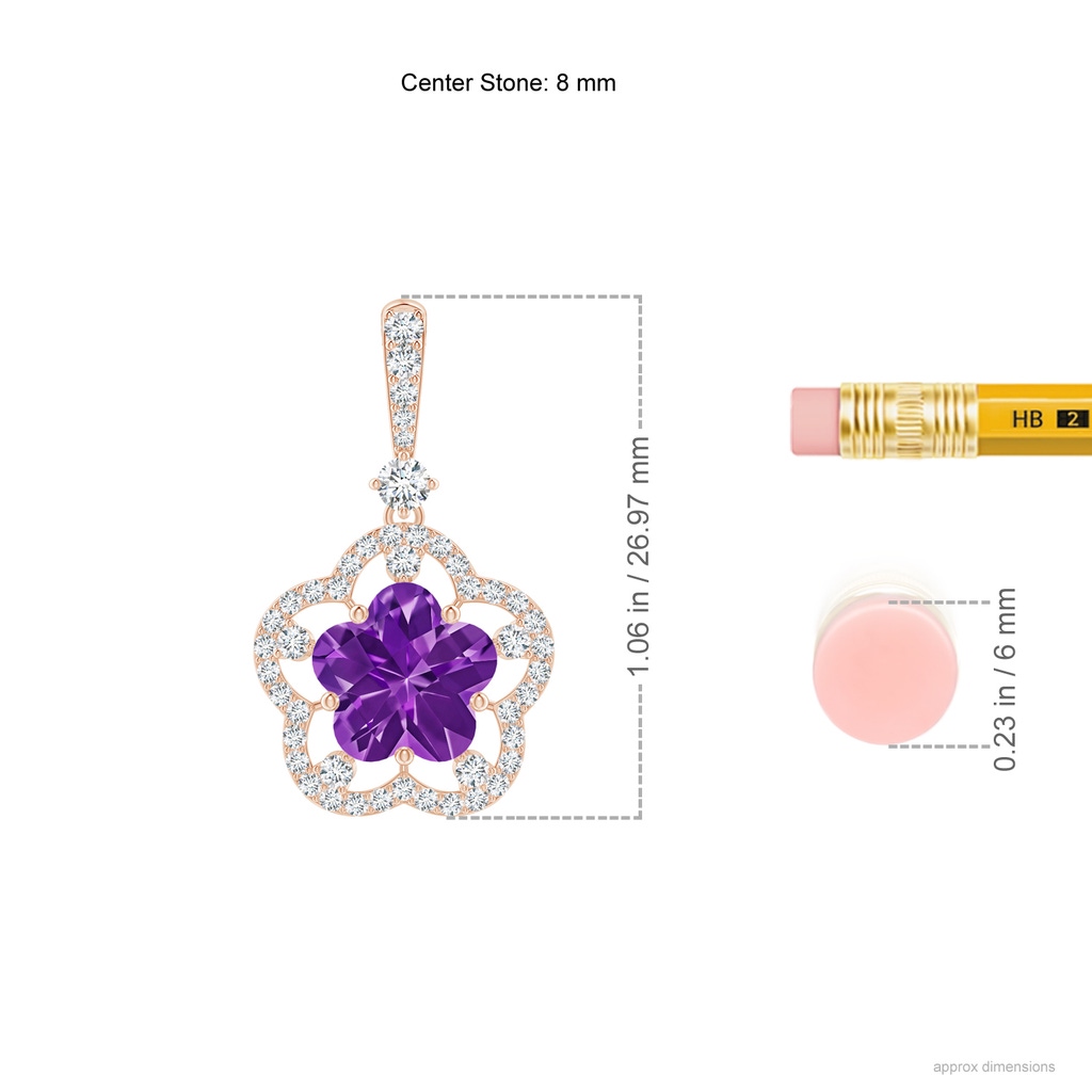 8mm AAAA Five-Petal Flower Amethyst and Diamond Halo Pendant in Rose Gold Ruler