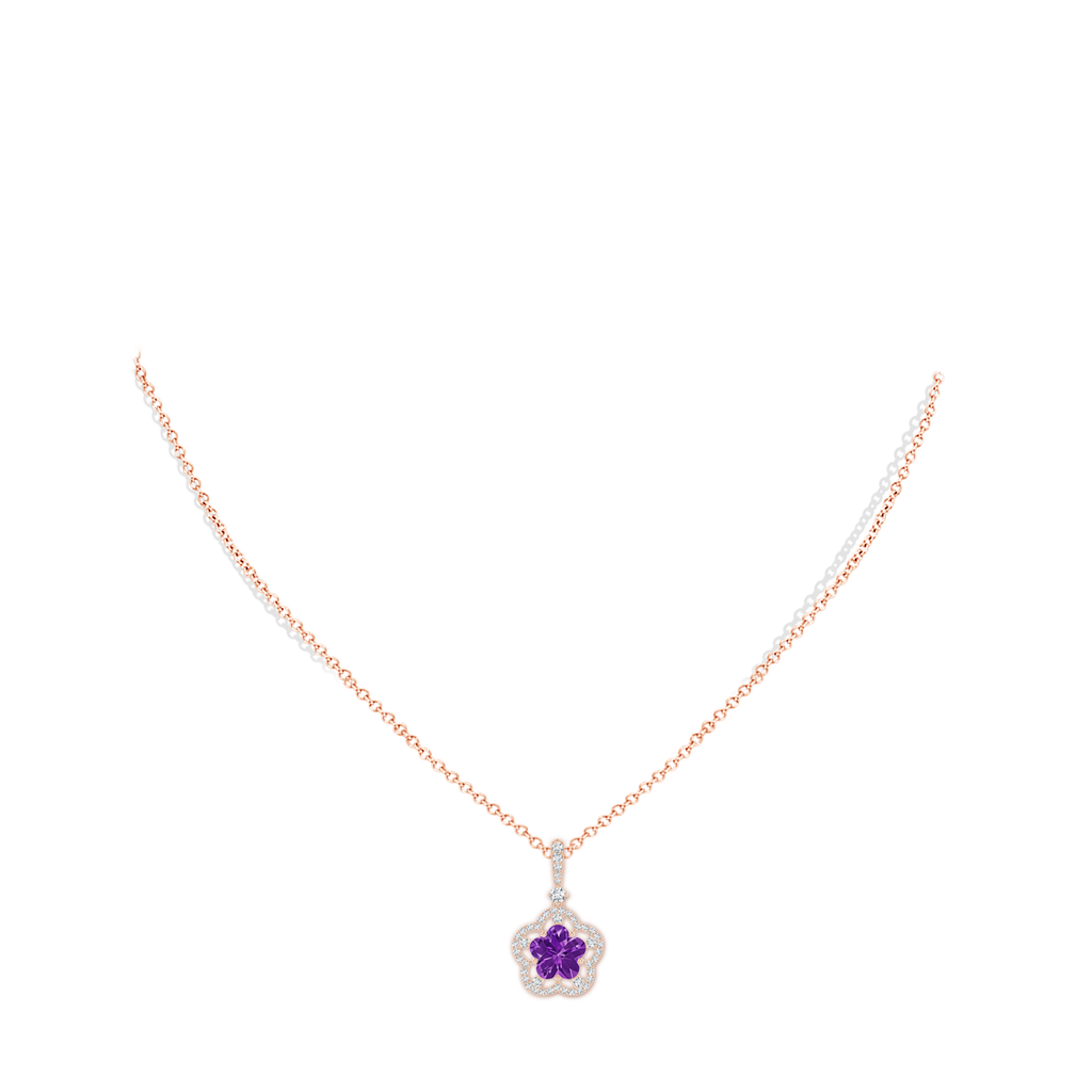 8mm AAAA Five-Petal Flower Amethyst and Diamond Halo Pendant in Rose Gold Body-Neck