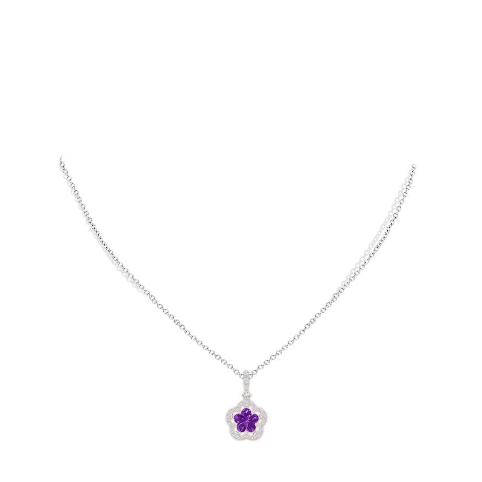 8mm AAAA Five-Petal Flower Amethyst and Diamond Halo Pendant in White Gold body-neck