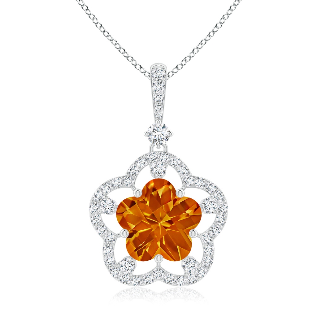 10mm AAAA Five-Petal Flower Citrine and Diamond Halo Pendant in White Gold