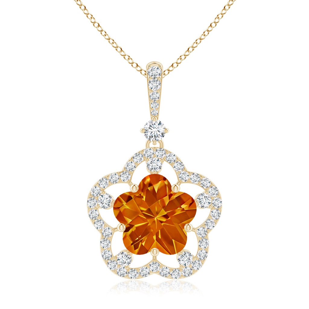 10mm AAAA Five-Petal Flower Citrine and Diamond Halo Pendant in Yellow Gold