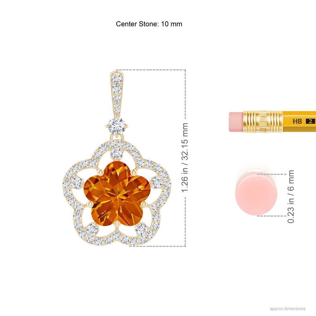 10mm AAAA Five-Petal Flower Citrine and Diamond Halo Pendant in Yellow Gold Ruler