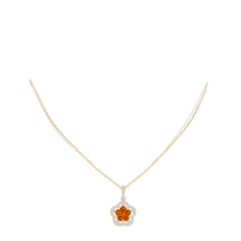 10mm AAAA Five-Petal Flower Citrine and Diamond Halo Pendant in Yellow Gold Body-Neck
