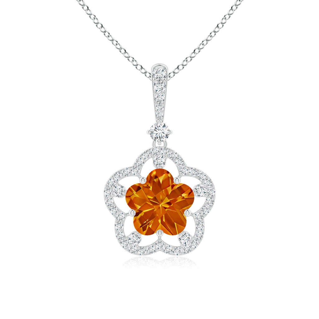 8mm AAAA Five-Petal Flower Citrine and Diamond Halo Pendant in White Gold