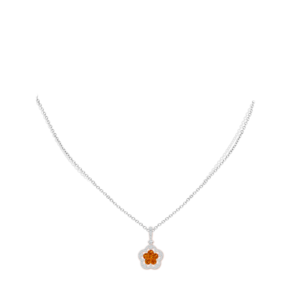 8mm AAAA Five-Petal Flower Citrine and Diamond Halo Pendant in White Gold body-neck