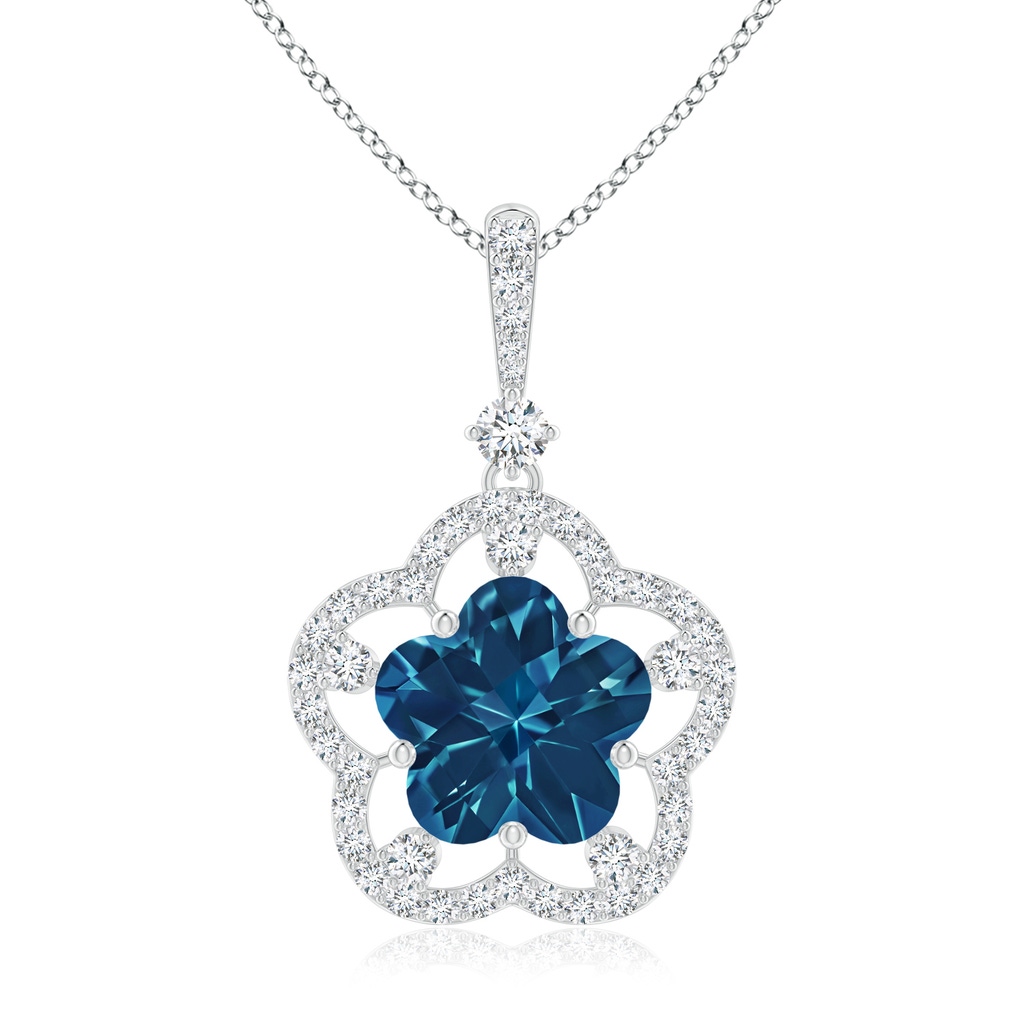 10mm AAAA Five-Petal Flower London Blue Topaz and Diamond Halo Pendant in P950 Platinum