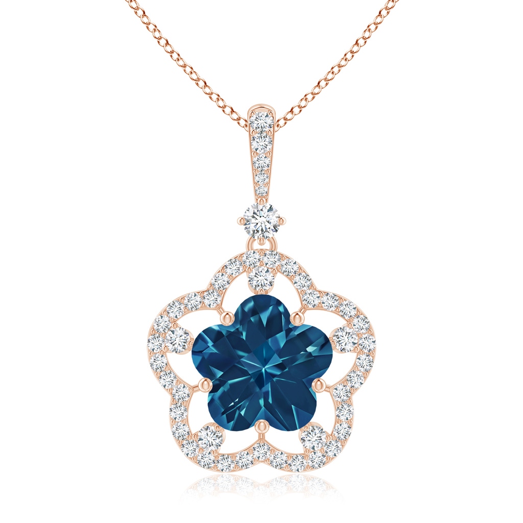 10mm AAAA Five-Petal Flower London Blue Topaz and Diamond Halo Pendant in Rose Gold