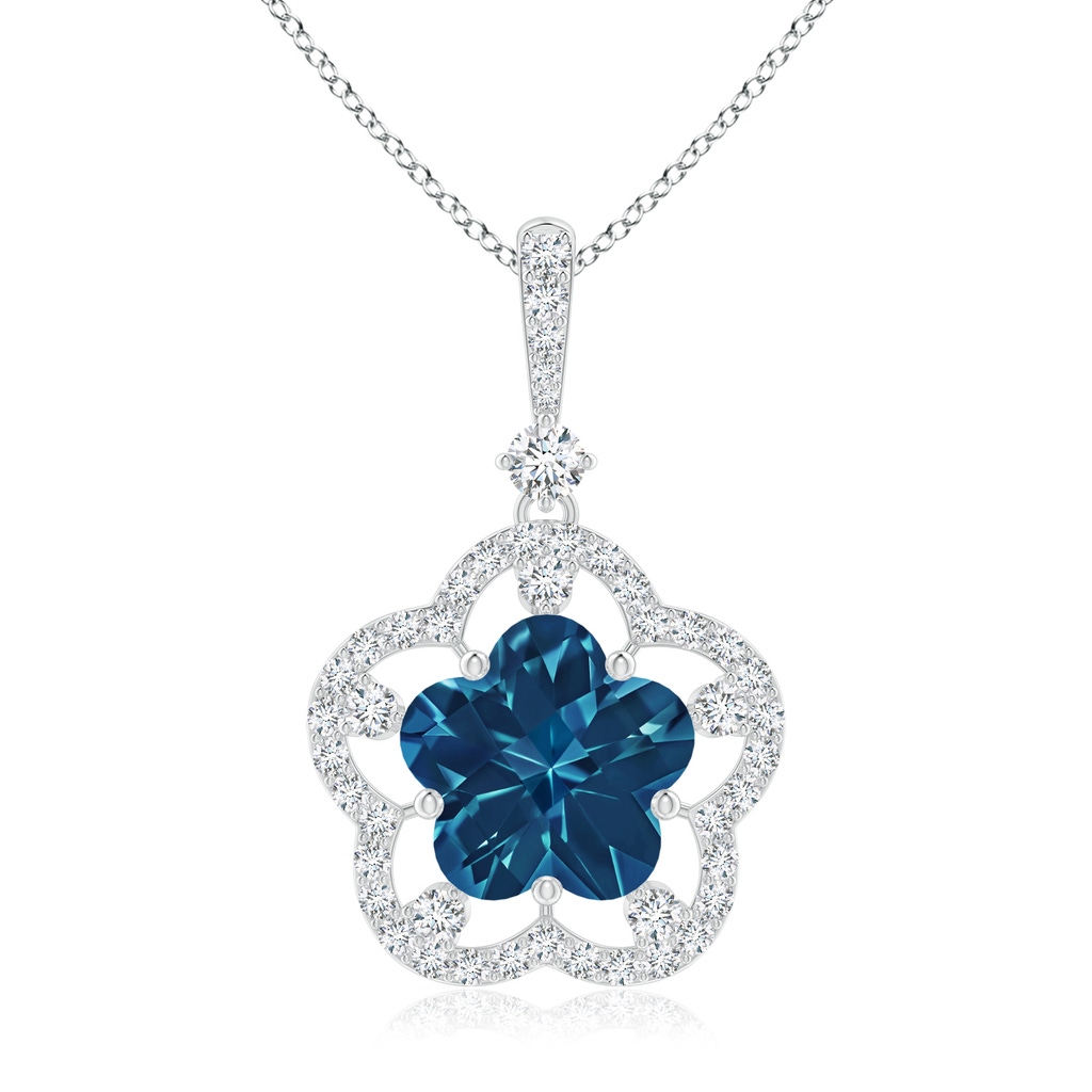10mm AAAA Five-Petal Flower London Blue Topaz and Diamond Halo Pendant in White Gold