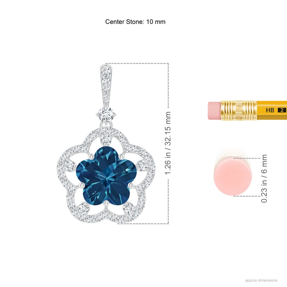 10mm AAAA Five-Petal Flower London Blue Topaz and Diamond Halo Pendant in White Gold ruler