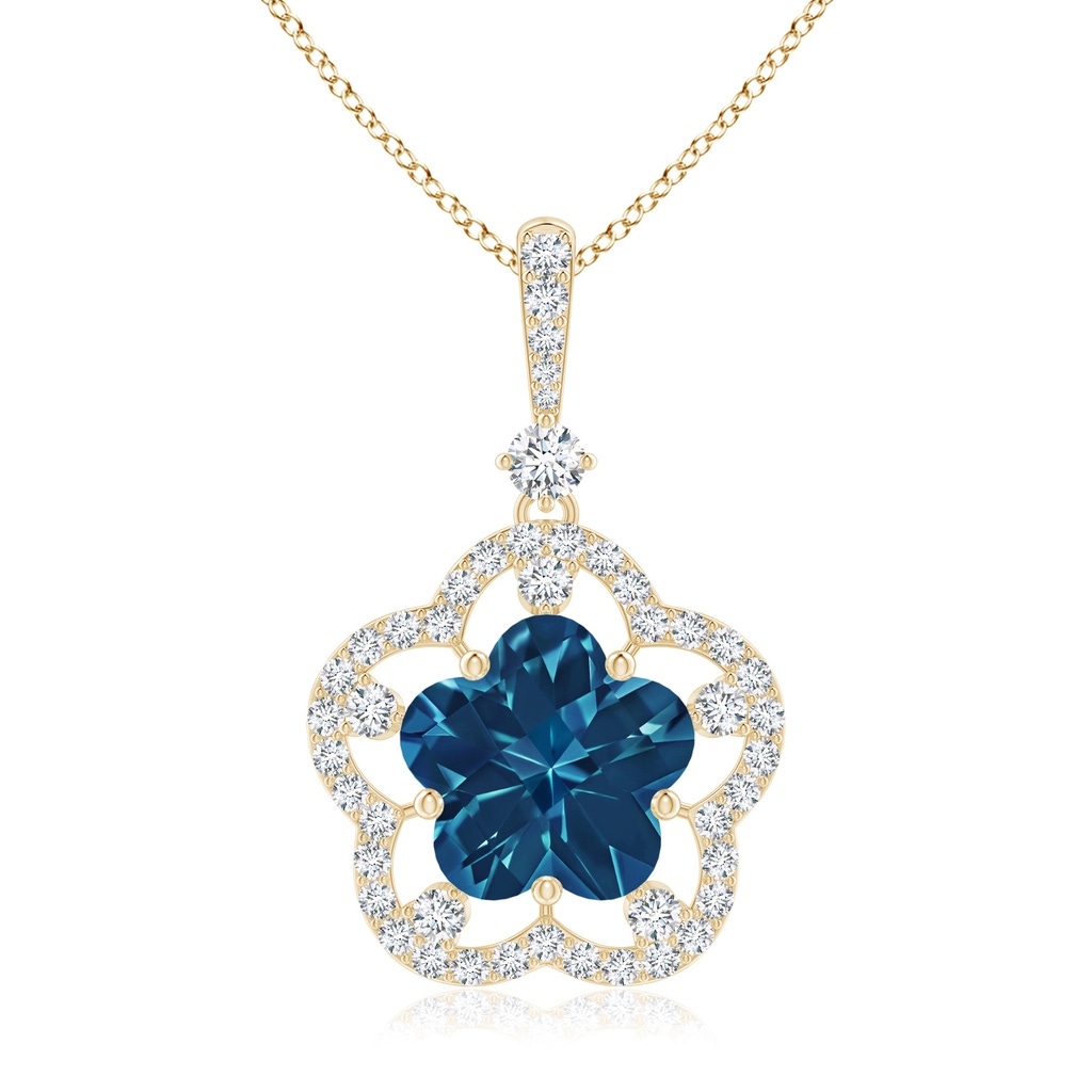 10mm AAAA Five-Petal Flower London Blue Topaz and Diamond Halo Pendant in Yellow Gold