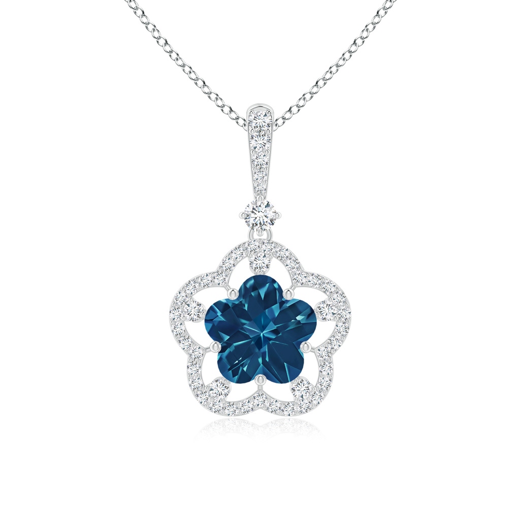 8mm AAAA Five-Petal Flower London Blue Topaz and Diamond Halo Pendant in White Gold