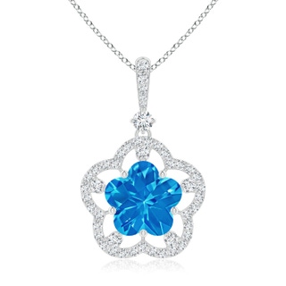 10mm AAAA Five-Petal Flower Swiss Blue Topaz and Diamond Halo Pendant in P950 Platinum