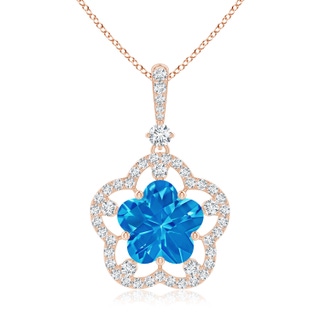 10mm AAAA Five-Petal Flower Swiss Blue Topaz and Diamond Halo Pendant in Rose Gold