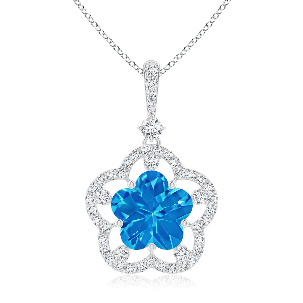 10mm AAAA Five-Petal Flower Swiss Blue Topaz and Diamond Halo Pendant in White Gold